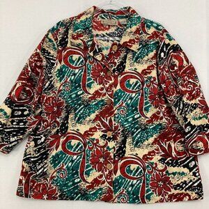 Vintage Life Style 2X Red Green Sequins 3/4 Sleeve Cotton Button Jacket Holiday